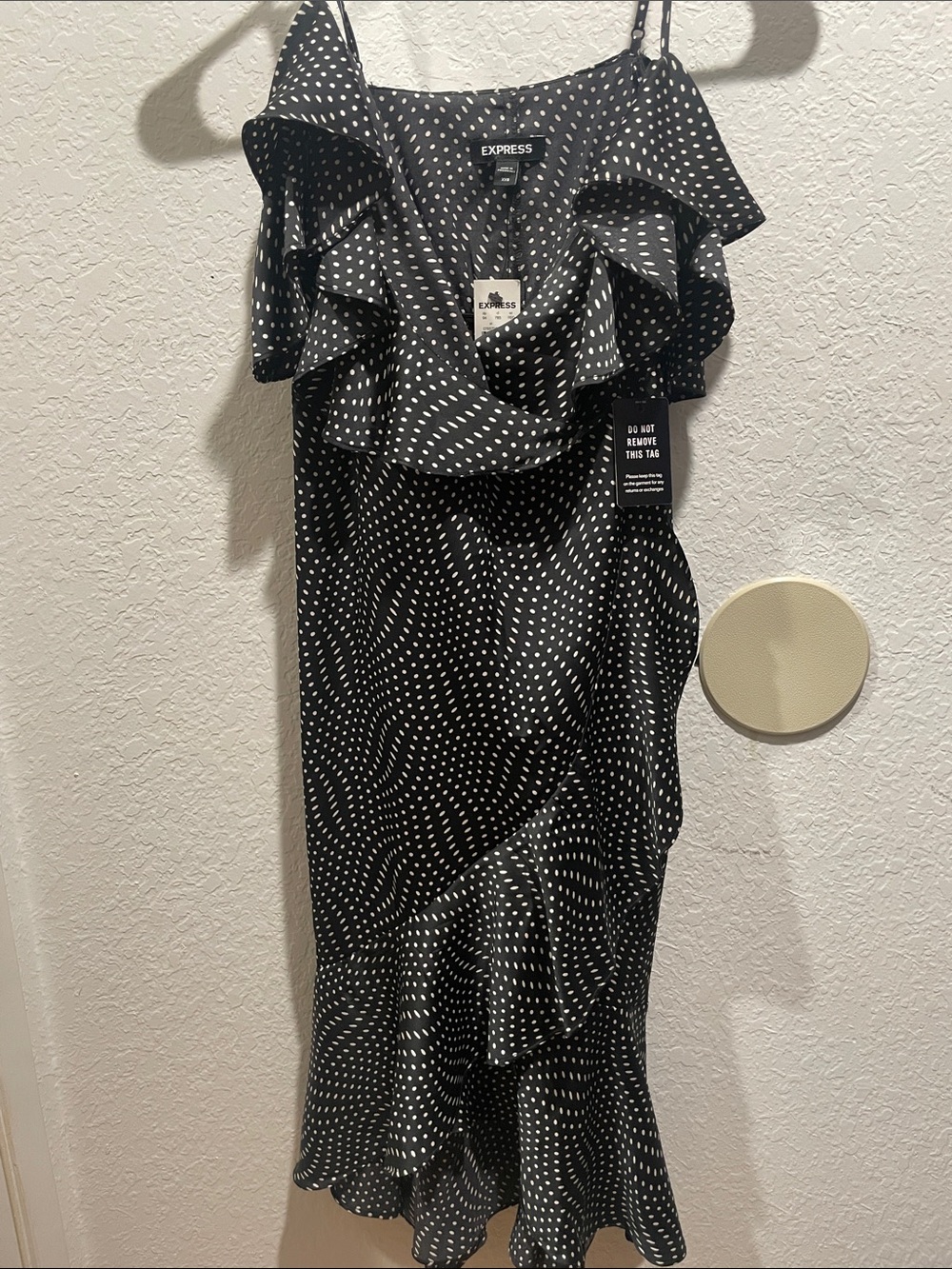 Express Black and White Polka Dot Ruffle Midi Dress